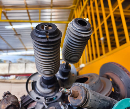 Pile of rusted motor components and gears in cluttered scrap heapの写真素材