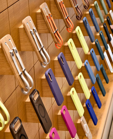 Lively pastel colored phone cases hang systematically displaying diverse textures and styles