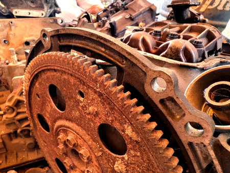 Rusted engine parts and corroded gears scattered across the sandy ground