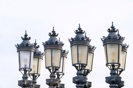group of street lights close up as backgroundの写真素材