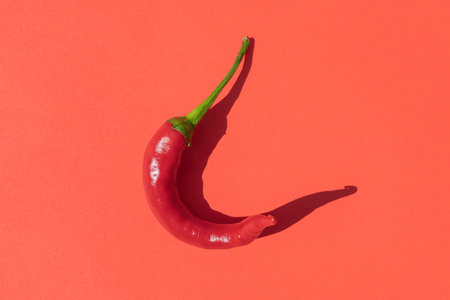 red hot pepper with a hard shadow on a red backgroundの写真素材