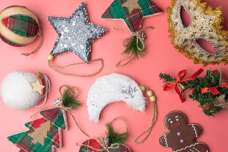 christmas toys on a pink background copyspaceの写真素材