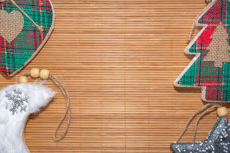 christmas toys on a wooden background top viewの写真素材