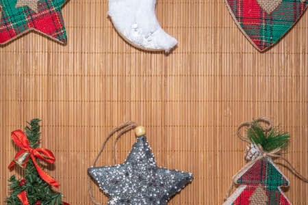christmas toys on a wooden background top viewの写真素材
