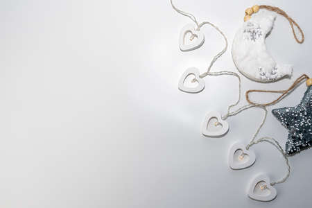 christmas toys on a wooden background top viewの写真素材