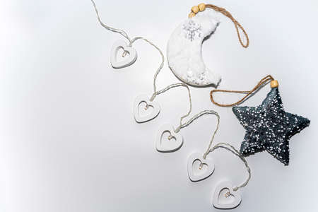 christmas toys on a wooden background top viewの写真素材