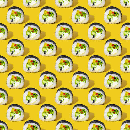 seamless sushi pattern with a hard shadow on a yellow backgroundの写真素材