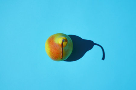 pear on a blue background with a hard shadowの写真素材
