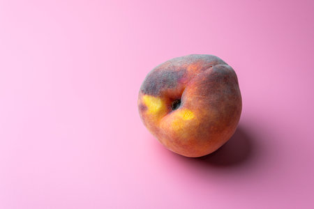 peach close-up on a pink background with a place for the inscriptionの写真素材