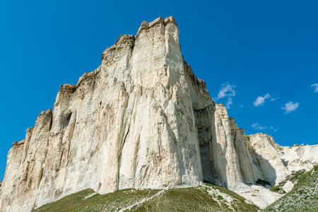 white chalk limestone rock against a blue sky aerial viewの写真素材