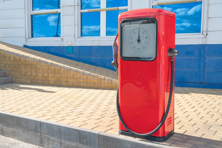 retro gas station pump close-up at a gas stationの写真素材