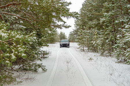 a car on a snowy road in a winter forestの写真素材