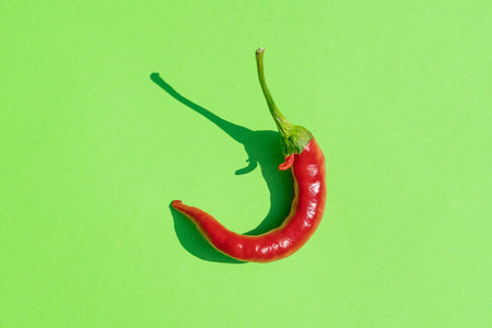 red hot pepper on a green background with a hard shadowの写真素材