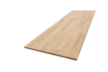 furniture board made of solid oak lamellar on a white backgroundの写真素材
