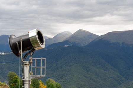 snow cannon on the background of mountainsの写真素材