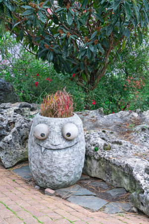 Whimsical stone planter with large eyes and grassy top in a garden settingの写真素材
