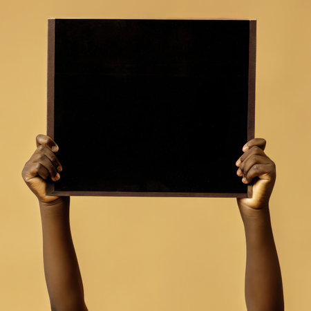 Children Hold up a Blank Sign Against a Warm, Neutral Background. Generative AIの素材