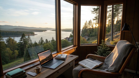 Cozy Home Office With Scenic Lake View at Sunset. Generative AIの素材