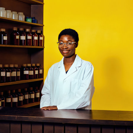Young African Pharmacist in a Bright Pharmacy Setting With a Standard Scale. Generative AIの素材