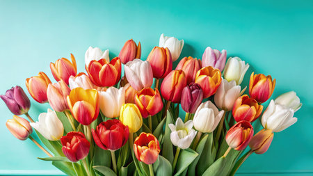 Colorful Tulips Blooming Against a Vibrant Turquoise Background. Generative AIの素材