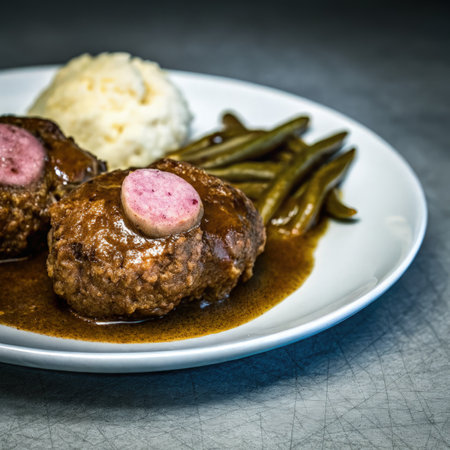 Delicious Hamburger Steaks Topped With Onion Gravy Served With Mashed Potatoes. Generative AIの素材