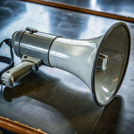 Megaphone Viewed From the Side on a Wooden Surface in a Quiet Room. Generative AIの素材