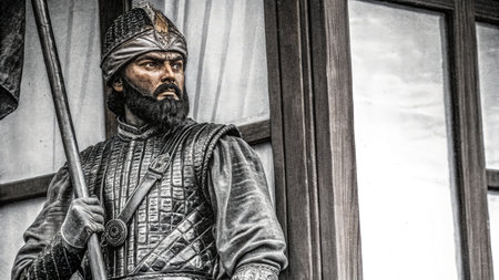 Osman Bey, Dressed in Intricate Armor and a Distinctive Headpiece, Stands Vigilantly by a Windowの素材