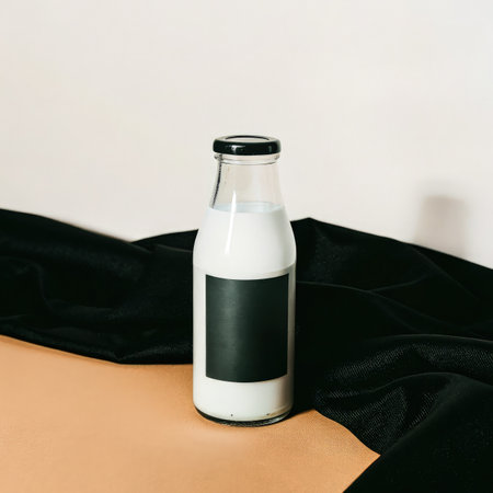 Milk Bottle on a Smooth Surface With a Dark Cloth Backdrop. Generative AIの素材