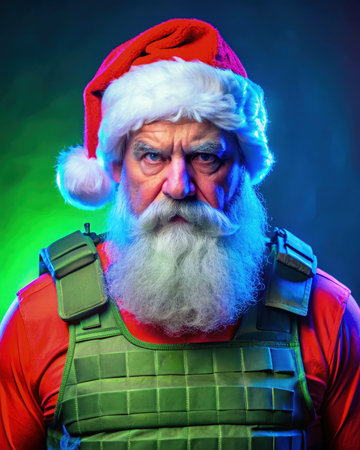 Stern Santa Claus Wearing a Bulletproof Vest With a Dramatic Lighting Backdrop. Generative AIの素材