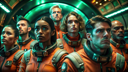 Group of astronauts in an orange spacesuit in an alien spaceship.の素材