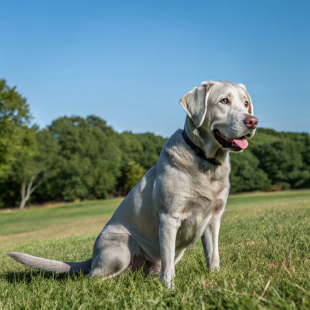 Labrador Retriever sitting on the grass in the park.の素材