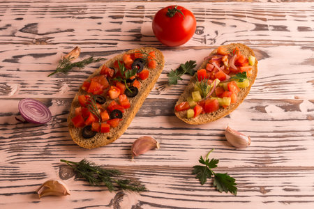 Sandwiches with trout pieces, avocado, radishes. Perfect for breakfast. On a concrete and white...