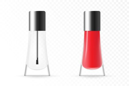 Realistic nail polish bottle with black cap. Full and empty glossy bottle. Realistic packaging mockup template. Front view. Vector illustration isolated on white backgroundのイラスト素材