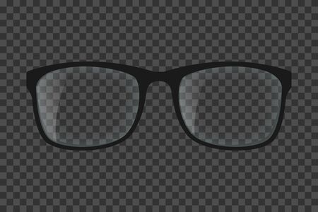 Realistic eye glasses. Black eyeglasses with transparent lenses and glares. Vector illustration isolated on transparent backgroundのイラスト素材
