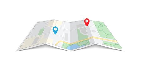 City Paper Map with pin. Red and blue direction pointer on folded city map, gps navigation and travel brochure. Vector illustration isolated on white backgroundのイラスト素材