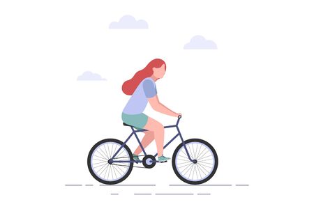 Pretty girl rides city bicycle. Female riding a bike. Good for web and print use. Modern summer female outfit. Vector web illustration isolated on white backgroundのイラスト素材