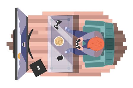 Gamer play video game in his room. Top view illustration of a man, sitting in his chair and hold game controller. Console player concept. Flat vector illustrariob isolated on white backgroundのイラスト素材