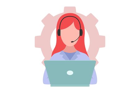 Technical support concept. Female with headphone and laptop provides technical assistance. Customer call center. Online assistant, virtual help. Flat vector illustration isolated on white backgroundのイラスト素材