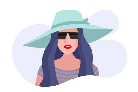 Woman in hat. Female in sun glasses and green hat. Flet style vector illustration isolated on white bacckgroundのイラスト素材