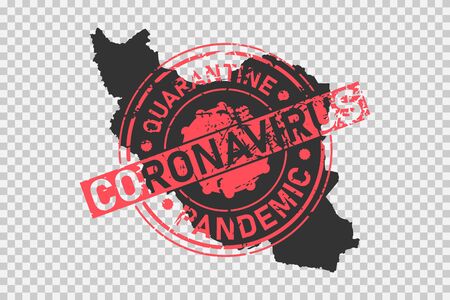 Coronavirus stamp on Iran map. Concept of quarantine, isolation and pandemic of the virus in persian country. Grunge style texture stamp over black iranian map. Vector illustrationのイラスト素材