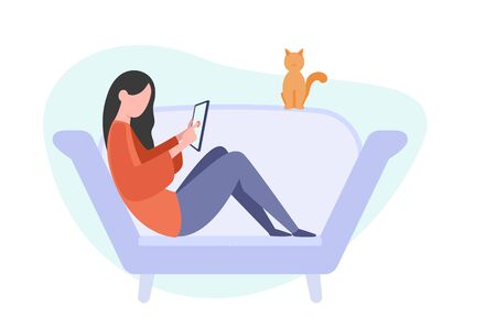 Girl with tablet sitting on sofa. Freelance or studying concept. Female using internet at home. Flat style illustration isolated on white backgroundのイラスト素材