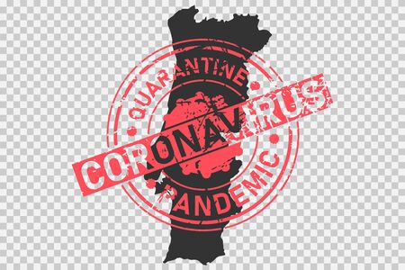 Coronavirus stamp on Portugal map. Concept of quarantine, isolation and pandemic of the virus in country. Grunge style texture stamp over black portuguese map. Vector illustrationのイラスト素材