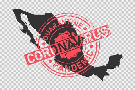 Coronavirus stamp on Mexico map. Concept of quarantine, isolation and pandemic of the virus in country. Grunge style texture stamp over black mexican map. Vector illustrationのイラスト素材