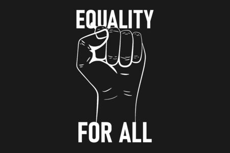 Raised fist held in protest. Equality for all slogan. Black and white banner. Political demonstration concept. Vector illustrationのイラスト素材