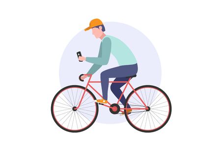 Man rides a bicycle and use smartphone. Vector flat web illustration. Male sitting on bike and holding mobile phone. Web illustration isolated on white backgroundのイラスト素材