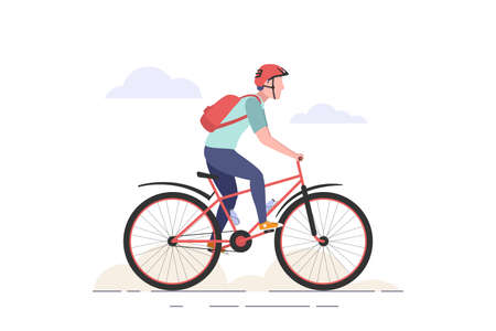 Man and woman riding a sport bike, wearing helmet and backpack, active lifestyle, mountain and road fun, family workout, vector flat style cartoon illustration, isolated on white background, side viewのイラスト素材