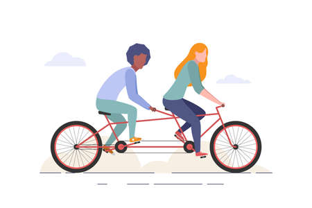 Man and woman riding tandem bicycle. Couple rides a bike. Family teamwork concept. Flat style web illustration isolated o white backgroundのイラスト素材