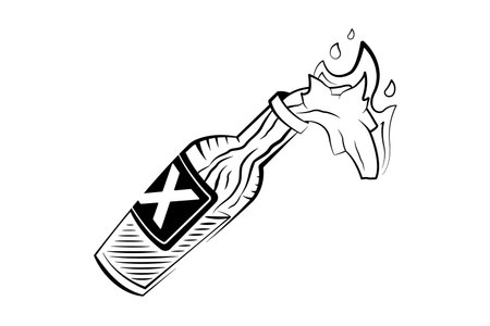 Burning molotov cocktail bottle icon or logo. Modern comic style black and white vector...