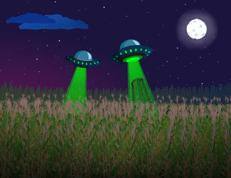 UFO abducts human. Space ship UFO ray of light in the night sky. Vector illustrationのイラスト素材