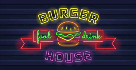 Burger cafe neon sign. Glowing tasty big burger on dark wall. Vector illustration in neon style for fast food restaurant or snack bar.のイラスト素材